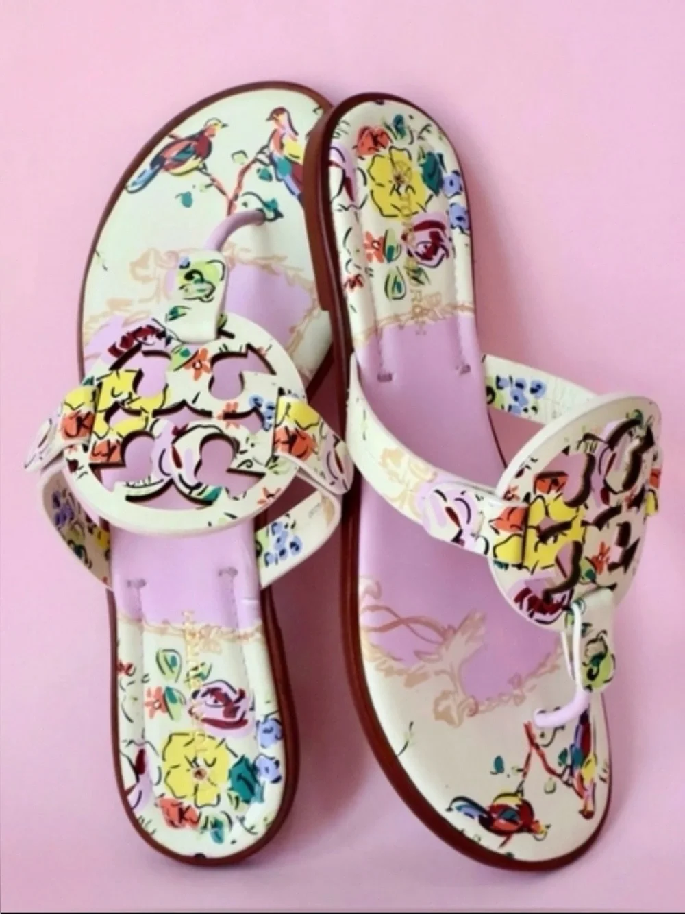 Tory Burch Pink Porcelain Floral Printed Leather Miller Welt Sandals